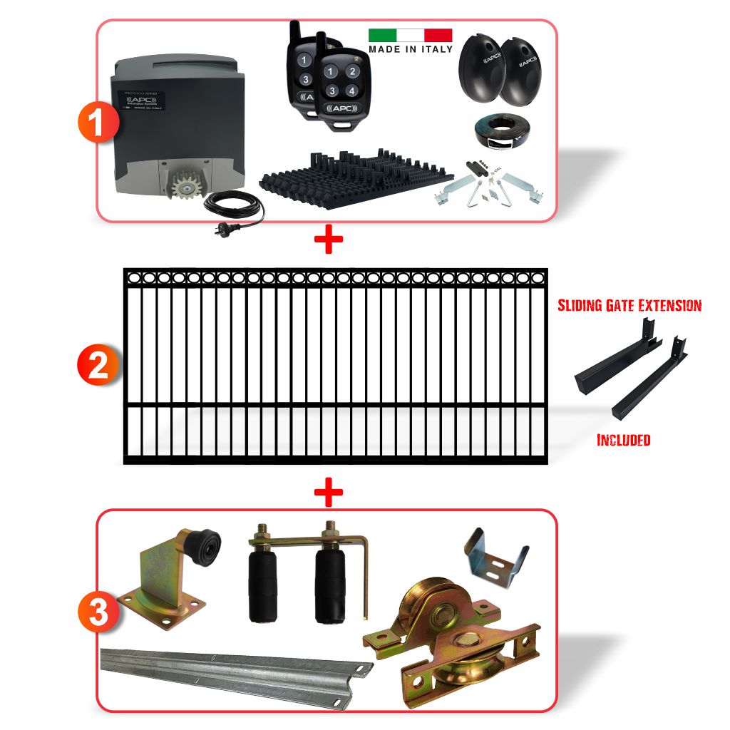 4.9m Ring Top Gate including Hardware and Heavy Duty Italian 500kg Sliding Gate Opener Combo Pack, APC Gate Automation System